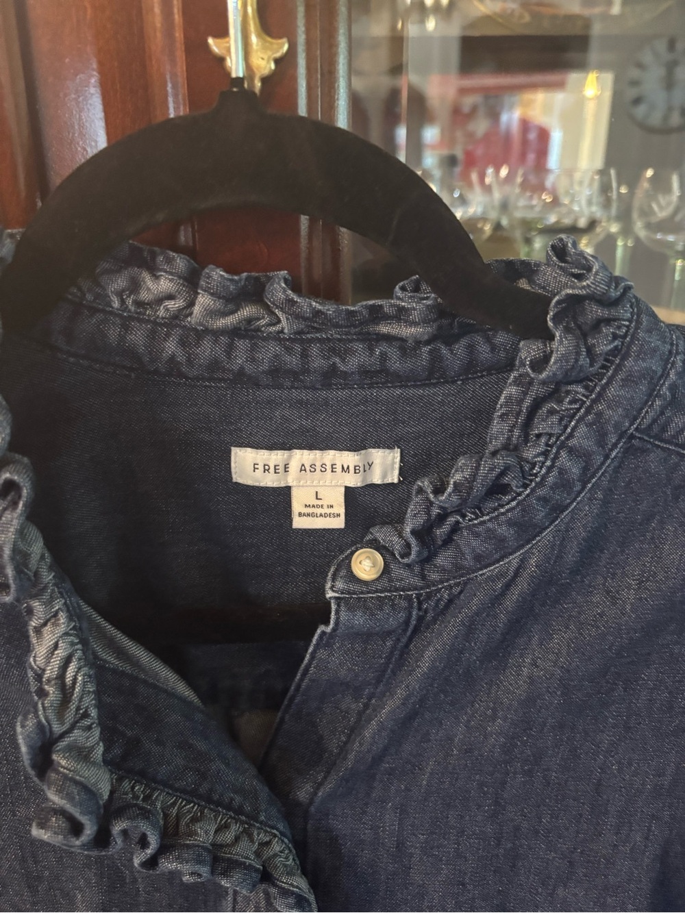 Free Assembly Women's Dark Blue Ruffle-Trim Denim Top